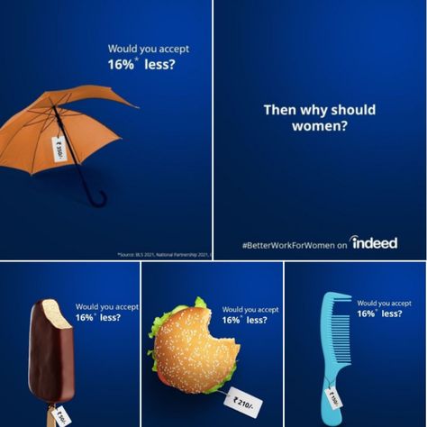 Check out this descriptive and engaging campaign by Indeed.com to represent the gender pay gap. Gender pay gaps are reflected in several different ways - in the number of leadership positions held by women, the salary offered to women for the same work as men, and other factors influencing the economic security of women. Indeed calls out the issue. What do you think of the campaign? #knowinglyselect #breakthebias #jobs #marketing #creative #recruitment #genderequality Effective Ads Ad Campaigns, Clever Advertising Ad Campaigns, Graphic Campaign Design, Communication Campaign Ideas, Social Ad Campaigns, Best Ads Ad Campaigns Creative, Copy Ads Ad Campaigns, Recruitment Campaign Creative, Bank Advertising Creative Ad Campaigns