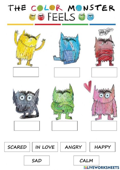 Feelings Monster Activity, The Color Monster Free Printables, Color Monster Printable Free, Colour Monster Display Board, Color Emotions Activity, The Colour Monster Craft, Feelings And Emotions Worksheets Preschool, Emotions And Colors, Color Monsters Emotions