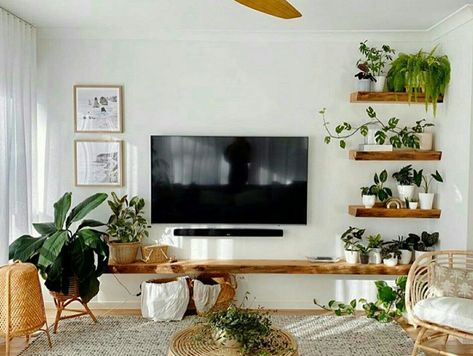 Living Room Balance, Wall Mounted Tv With Tv Stand, Tv Set Ups Living Room, Living Room Shelves Plants, Couch Not On Wall Living Rooms, Boho Tv Wall Design, Small Loungeroom Styling, Living Room Inspo Tv Wall, Tv Wall Plant Decor