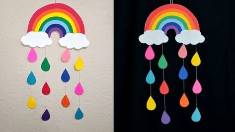 Easy School Decoration Ideas, Paper Craft Rainbow, Hanging Rainbow Craft, Paper Hanging Craft, Rainbow Hanging Diy, Rainbow Hanging Crafts, Hanging Rainbow Craft For Kids, Colourful Paper Craft, Wall Hanging Easy Craft