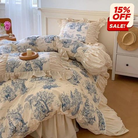 Enchant your dreams with a splash of vintage romance💙Our Courtly Blue Quilt Cover Set - where nostalgia meets comfort! 100% cotton, 100%… | Instagram Blue Ruffle Bedding, Blue Vintage Bedroom Ideas, Bed Covers Aesthetic, Bed Spread Ideas, Bed Sheets Blue, Toile Duvet Cover, Pretty Bedding, Vintage Bedding, Blue Landscape