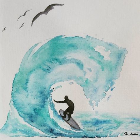 Easy Watercolor Beach Painting, Ocean Aesthetic Watercolor, Surfboard Watercolor Paintings, Watercolor Surf Art, Surfing Watercolor Paintings, Ocean Easy Painting, Watercolour Painting Beginner, Beachy Watercolor Ideas, Ocean Watercolor Painting Easy