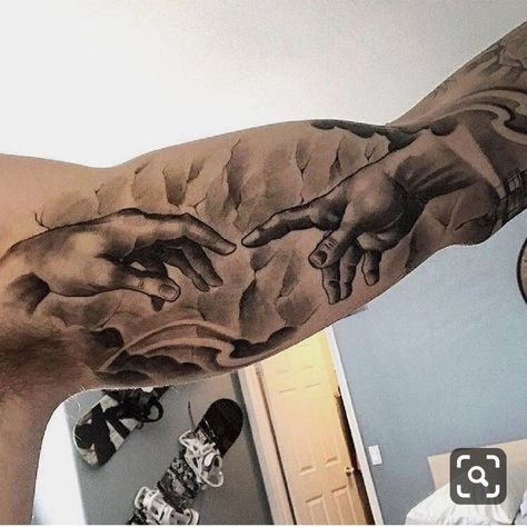 Religious Tattoo Sleeves, Tattoo Avant Bras, Inside Bicep Tattoo, Tattoos Realism, Tattoo Bicep, Cloud Tattoo Sleeve, Sky Portrait, Inside Of Arm Tattoo, Herren Hand Tattoos