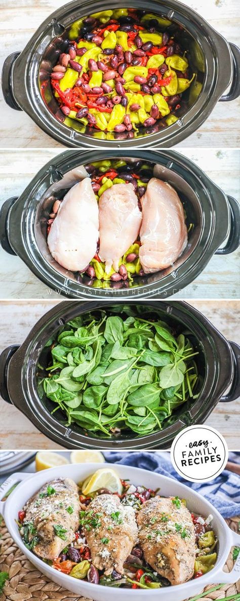 WOW! This crock pot dinner recipe is anything but boring! Loaded Greek Chicken made in the slow cooker for ease, but packed to the brim with flavor. My favorite part is how all the veggies and meat cook together so it is a complete meal! This dish has tender chicken breast, roasted red peppers, pepperoncini peppers, olives, onion and spinach and is garnished with feta cheese. This really is one of our favorite crockpot recipes! Essen, Chicken Vegetables Crockpot, Marry Me Chicken Crock Pot, Crock Pot Greek Chicken, Crockpot Greek Chicken, Vegetable Crockpot, Vegetable Crockpot Recipes, Crockpot Chicken And Vegetables, Chicken With Veggies