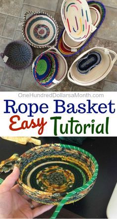 Rope Basket Tutorial, Diy Laine, Clothesline Basket, Fabric Basket Tutorial, Basket Weaving Diy, Diy Rope Basket, Rope Projects, Coiled Fabric Basket, Coiled Baskets