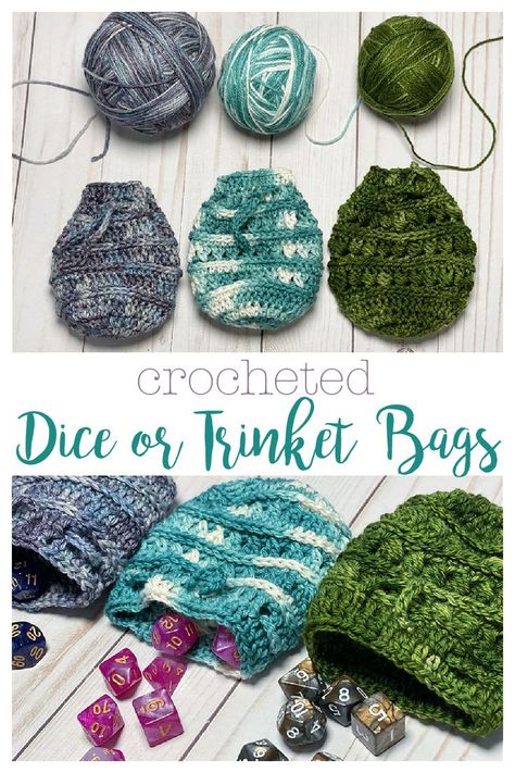 Small crocheted drawstring bags to hold dice, trinkets, or any small items you want. 3 different stitch patterns to choose from. Amigurumi Patterns, Crochet Polyhedral Dice, Dice Pouch Crochet Pattern, Crochet Embroidery Floss Projects, Small Crochet Drawstring Bag, Easy To Sell Crochet Items, Crochet Small Drawstring Bag, Small Skein Crochet Projects, Small Quick Crochet Gifts