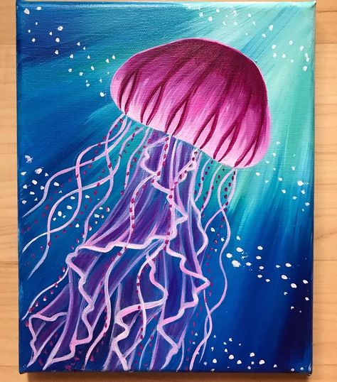 Hawaiian Painting, Octopus Painting, Pink Jellyfish, Jellyfish Painting, Drip Art, Jellyfish Art, Easy Canvas Art, Cat Air, Cute Canvas Paintings