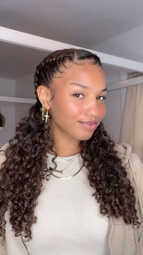 French Braid Pigtails Black Women, French Braid Pigtails Curly Hair, Two Dutch Braids With Curls, Two Braids With Side Part, Braided Styles Half Up Half Down, Half Braided Pigtails, Braided Hairstyles For Long Curly Hair, Two Braids Hairstyle Curly Hair, Curly Two Braids Hairstyle