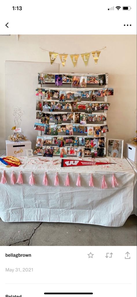 Senior Graduation Table Display Girl, Grad Party Tables Display, Pictures Graduation Party, Card Table Graduation Party, Graduation Party Picture Display Ideas, Grad Party Picture Boards, Grad Party Pallet Backdrop, Senior Display Table Ideas 2023, Grad Party Boards