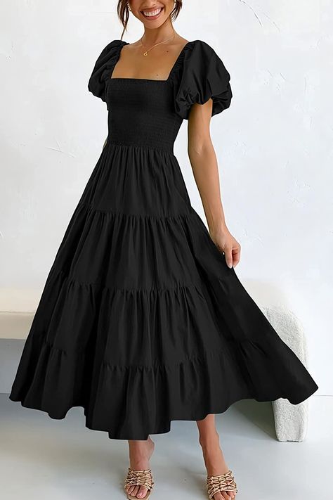 Floral Dresses Summer, Black Puff Sleeve Dress, Robes D'occasion, Holiday Dresses Women, Dress Square Neck, Pleated Dresses, Chiffon Dress Long, Neck Bow, Tiered Ruffle Dress