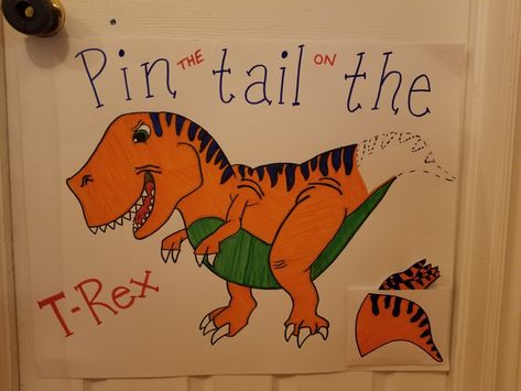 Pin the Tail on the T-Rex- Game for kids Dinosaur themed birthday party Two Year Old Birthday Party Dinosaurs, Pin The Dinosaur Game, Dinosaur Birthday Games Activities, Dinosaur Theme Party Games, Dino Themed Games, Dinosaur Themed Party Games, One Year Birthday Dinosaur, Three Rex Birthday Party Activities, Dinosaur Birthday Party Four Year Old