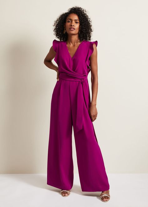 Ayla Magenta Ruffle Wrap Jumpsuit | V Neck Jumpsuit, Wrap Jumpsuit, Ruffle Jumpsuit, Phase Eight, Guest Dresses, Playsuit Jumpsuit, Jumpsuits For Women, Gowns Dresses, Custom Sizing