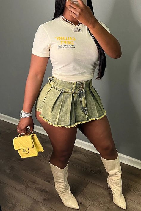 Yellow Denim Skirt, After Prom Outfit, Yellow Skirt Outfits, Skirt Set Outfit, Denim Miniskirt, Yellow Denim, Cute Birthday Outfits, Fashion Bottoms, Shein Outfits