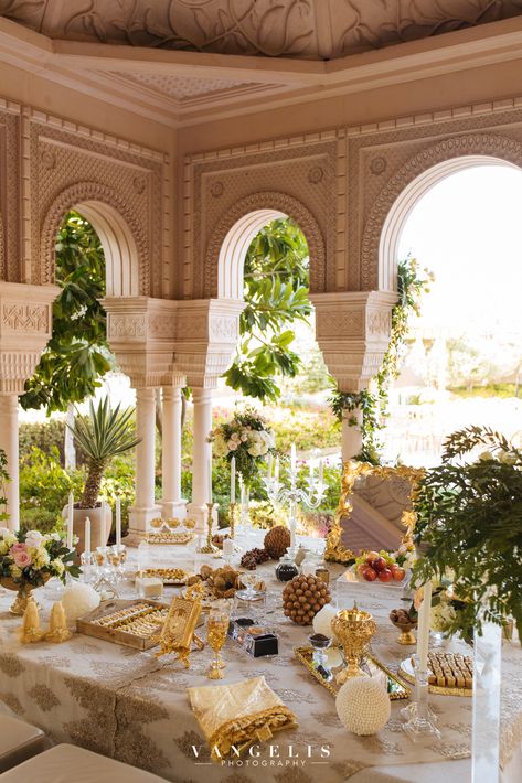 sofreh aghd in One and Only Dubai Royal Wedding Table Decor, Iranian Wedding Table, Dubai Wedding Decoration, Persian Wedding Decoration, Sofreh Aghd Decoration Iranian Wedding, Nikah Setup, Arabic Wedding Decoration, Sofreh Aghd Decoration, Iraqi Wedding