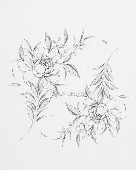 Woman Flower Tattoo Design, Flowers Around Tattoo, Delicate Floral Tattoo Design, Pretty Girly Tattoos, Delicate Flower Drawing, Floral Ornamental Tattoo Design, Peony Fine Line Tattoo, Delicate Flowers Tattoo, Floral Tattoo Drawing