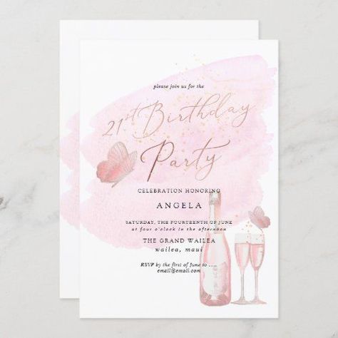 $2.50 | Pink Butterflies Watercolor Champagne 21 DIY YEAR Invitation #pixdezines #handwrittenfont #luxecalligraphycollection #pinkwatercolor #champagnebubbles #21stbirthdayparty #blushbutterflies #pinkchampagnebottleglasses Pink Champagne Bottle, Watercolor Champagne, Pink Birthday Party Invitations, Butterflies Watercolor, New Years Eve Invitations, Butterflies Pink, Halloween Birthday Invitations, Bday Invitations, 21st Birthday Invitations