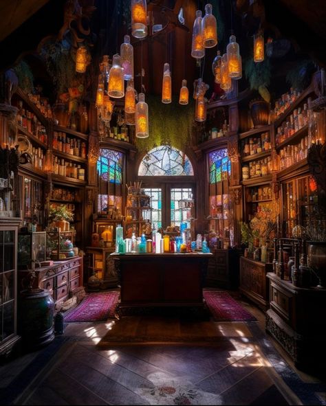 Witch Cabin Interior, Fantasy Cafe Concept Art, Witches Bedroom, Potions Aesthetic, Witch Cafe, Witch Cabin, Potion Shop, Magical Library, Dnd Backgrounds