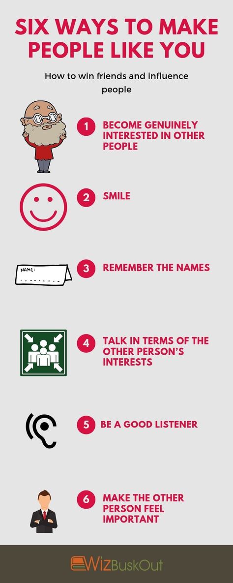 This is an infographic which shares six tips( from the book "How to win friends and influence people) on how you can make other people like you. How To Become Interesting Person, Tips On Making Friends, How To Approach People, How To Win Friends And Influence People Summary, How To Make Friends And Influence People, How To Win Friends, How To Win Friends And Influence People Quotes, How To Be Friendly With People, How To Socialize With People