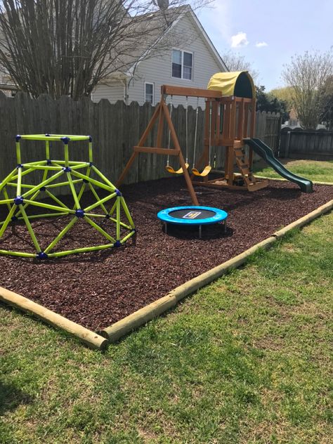 Small Swingset Landscaping, Landscaped Play Area, Swingset Area Ideas, Small Play Area Backyard, Diy Outdoor Climbing For Kids, Playground On A Hill, Small Backyard Play Area Ideas, Toddler Backyard Play Area Diy, Backyard Inspo For Kids