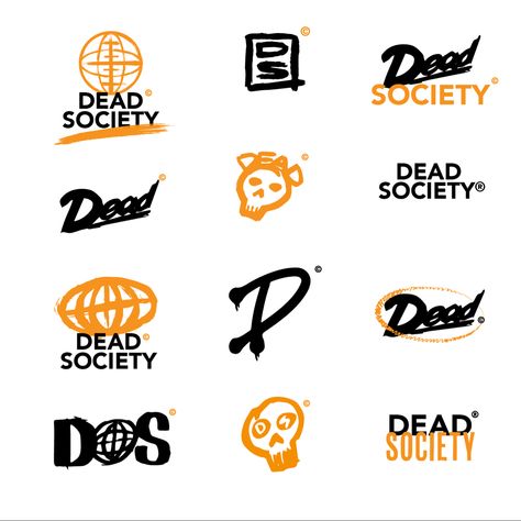 Orange and black streetwear logos in a rough grungy aesthetic Streetwear Logos Ideas, Grunge Logos Aesthetic, Merchandise Design Brand Identity, Grunge Logo Design Inspiration, Different Types Of Logos, Grunge Branding Design, Punk Branding Design, Streetwear Brand Logo Ideas, Streetwear Brand Identity