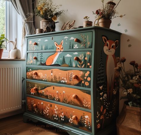 Mushroom Dresser Painting, Vintage Upcycled Furniture, Cute Painted Furniture, Drawer Decoration Ideas, Woodland Dresser Makeover, Furniture Painting Ideas Designs, Painted Wooden Drawers, Hand Painted Childrens Furniture, Upcycled Nursery Furniture