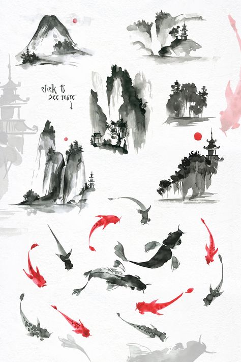 Sumi-e. Japanese ink painting. by Dinkoobraz on @creativemarket Graphic Illustrations, Japanese Ink Painting, Sumi Ink, Frame Template, Sumi E, Ink Painting, Design Resources, Graphic Illustration, Koi