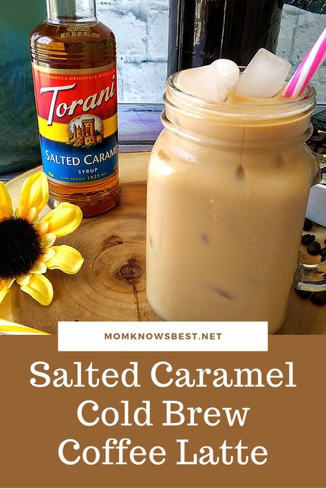 This Dairy-Free Salted Caramel Cold Brew Coffee Latte is an easy, three-ingredient drink that is made with homemade cold brew coffee. Get the amazing recipe! #coffee #coldbrew #coldbrewcoffee #latte #homemade #DIY #coffeebreak #Ilovecoffee #toroni #caramel #syrup #best #easy Salted Caramel Cold Brew, Homemade Iced Coffee Recipe, Caramel Cold Brew, Diy Iced Coffee, Caramel Iced Coffee Recipe, Homemade Cold Brew Coffee, Healthy Iced Coffee, Salted Caramel Coffee, Iced Coffee Recipe Easy