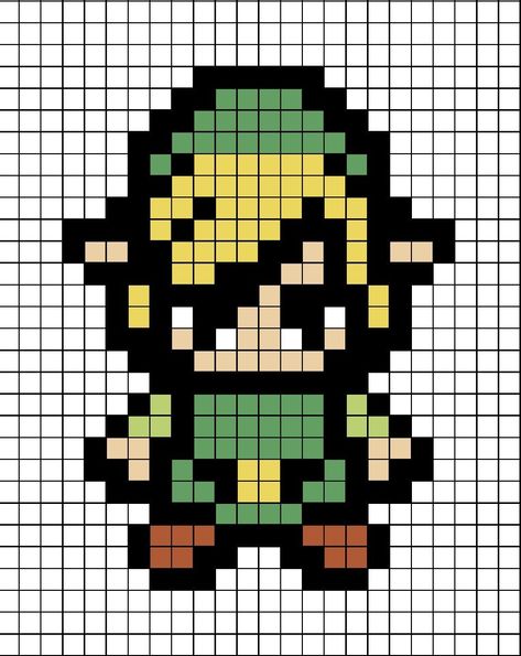A pixel art template of Link from the Zelda game series. Zelda Melty Beads, Link And Zelda Pixel Art, Pixel Link Zelda, Korok Zelda Perler, Breath Of The Wild Pixel Art, Zelda Perler Beads Patterns, Pixel Zelda Art, 8 Bit Pixel Art Grid, Easy Pixel Art Pokemon