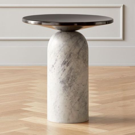 CB2 - August Catalog 2020 - Martini Side Table with White Marble Base Bone Inlay Side Table, Bronze Side Table, Visual Balance, White Marble Side Table, Round Wood Side Table, Silver Side Table, Unique Side Table, Gold Side Table, Side Table Decor