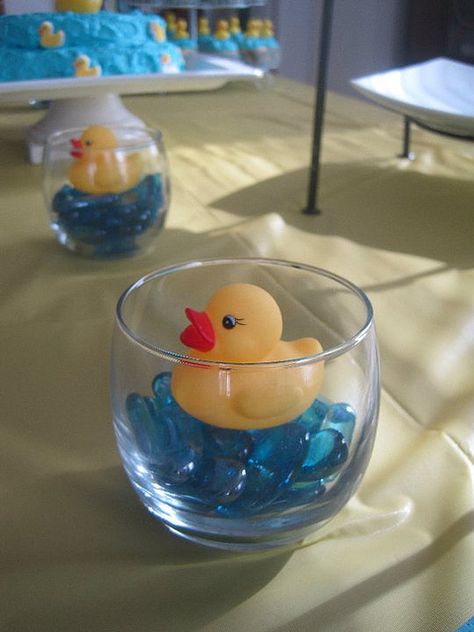 rubber ducky centerpiece (blue glass rocks, marbles) Baby Shower Centerpieces For Boys, Rubber Ducky Party, Rubber Ducky Birthday, Rubber Duck Birthday, Ideas For Baby Shower, Ducky Baby Shower, Rubber Ducky Baby Shower, Duck Birthday, Baby Shower Duck