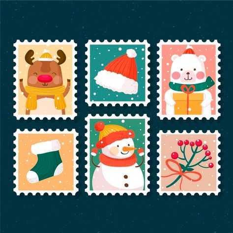 Postcard Christmas Design, Christmas Postcard Illustration, Christmas Postcard Design, New Year Stickers, Holiday Symbols, Hand Drawn Christmas, Holiday Labels, Illustration Noel, Christmas Card Art