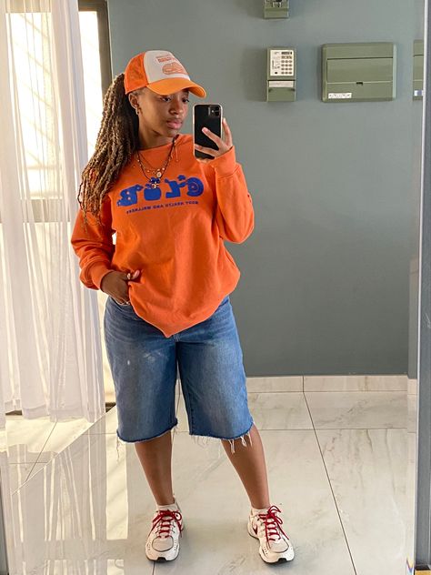 #outfits #streetwear #fits #hats #denim #orange #jewelry Orange Outfit Streetwear, Blue And Orange Outfit, Orange Jewelry, Outfit Streetwear, Streetwear Fits, Orange Outfit, Outfits Streetwear, Blue And Orange, Street Wear