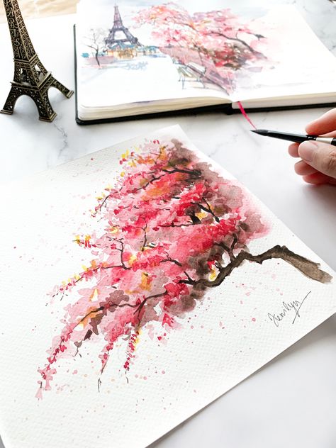 Sakura Painting Watercolour, Sakura Flower Tree, Paintings Of Cherry Blossom Trees, Blossom Trees Painting, Sakura Tree Drawing Tutorial, How To Draw A Sakura Tree, Sakura Trees Painting, Watercolour Cherry Blossom Tree, Sakura Tree Watercolor Painting