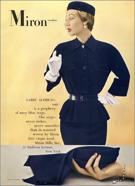 •Model in navy blue Miron wool serge suit with belted jacket Larry Aldrich  veiled hat Chanda •Vogue February 15 1950 Haute Couture, Couture, 1959 Fashion, Veiled Hats, Belted Jacket, February 15, Madison Avenue, Vintage Fabric, Fashion Designer