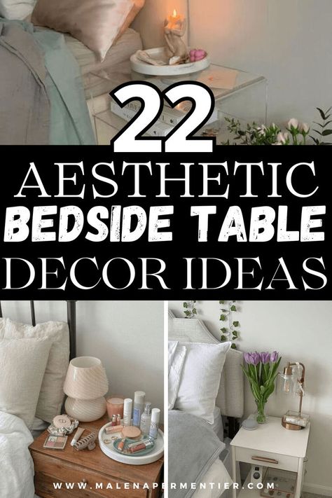 nightstand decor ideas Nightstand Styling Without Lamp, Small Nightstand Decor Ideas, Bedside Styling Night Stands, How To Decorate A Nightstand Table, Decorated Nightstand Ideas, Tray On Nightstand, Ideas For Bedside Tables, Top Of Nightstand Decor, Pretty Nightstand Decor