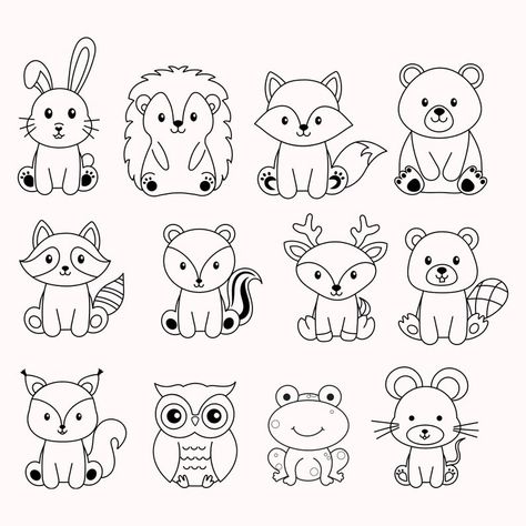 Cute Animal Faces Drawing, Easy Wild Animal Drawings, Woodland Animals Svg Free, Cartoon Animal Characters, Woodland Embroidery Pattern, Cute Easy Animal Doodles, Cute Coloring Pages Animals, Animal Doodles Cute, Easy Cute Animal Drawings