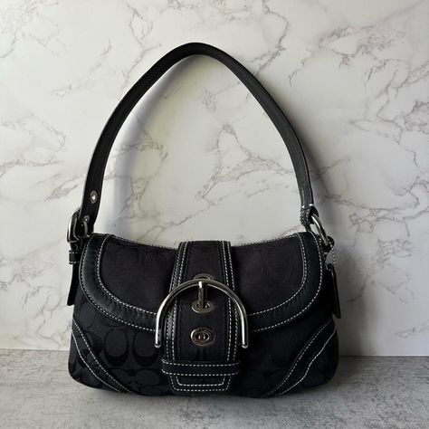 Coach Mini Soho Flap Buckle Black Leather Shoulder Bag With Hang Tag Coach Handbags, Dream Bags, Black Leather Shoulder Bag, Shoulder Bag Black, Hang Tag, Small Shoulder Bag, Hang Tags, Canvas Leather, Style Board