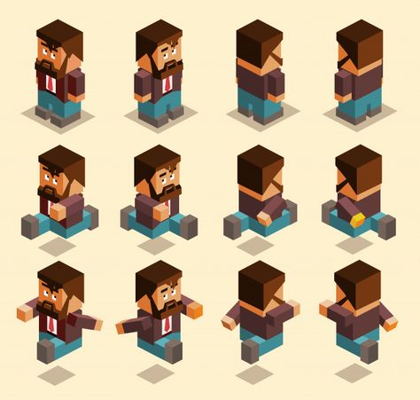 Four sided character set Premium Vector Isometric Character Sprite, Square Character Design, Isometric Character, Voxel Character, Box Character, Square Character, Voxel Art, Pixel Characters, Isometric Art