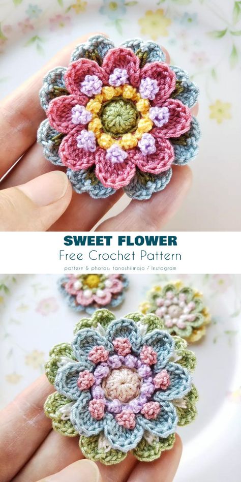 Embroidery Flowers On Crochet, Projects With Crochet Thread, Crochet Flower Center, Ideas For Drawers Projects, Afgan Flower Crochet Pattern, Crochet Flower Color Combinations, Three Color Crochet Pattern, Crochet Flower Circle, Spring Flowers Crochet