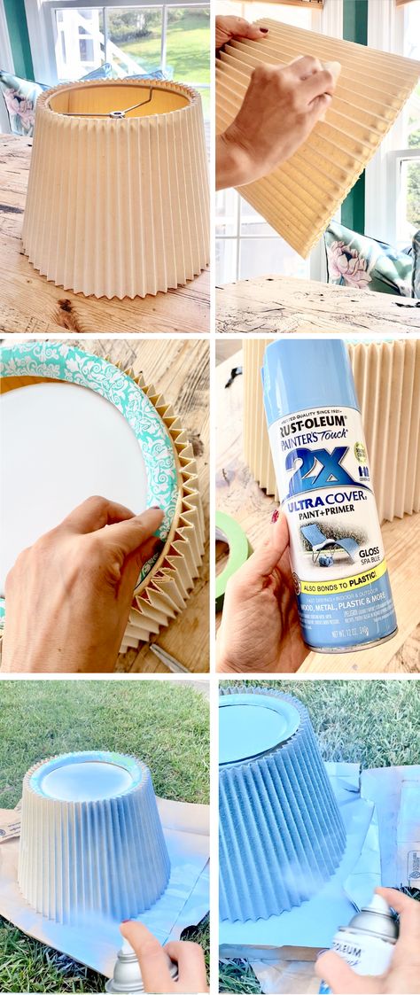 Spray Painting a Fabric Lamp Shade - Emily A. Clark Painting Fabric Lamp Shades, Spray Painting Lamp Shades, Decorating A Lamp Shade, Can You Paint Lamp Shades, Paint Lamp Shades Ideas, Lamp Shade Painting Ideas, How To Recover A Lamp Shade, Diy Lamp Shade Makeover Ideas, Diy Lamp Makeover Spray Painting