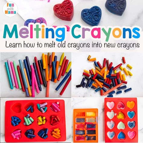 Make recycled crayons by melting crayons in the oven or microwave. This lesson on DIY crayons showcases reversible change + it's lots of fun! How To Melt Crayons In Silicone Molds, Recycling Crayons Diy, Crayons In Silicone Mold, Homemade Crayons For Kids, Diy Melted Crayons, Baking Crayons Into Molds, How To Make Crayons Out Of Old Crayons, Leftover Crayon Ideas, Making Crayons In Oven Silicone Molds