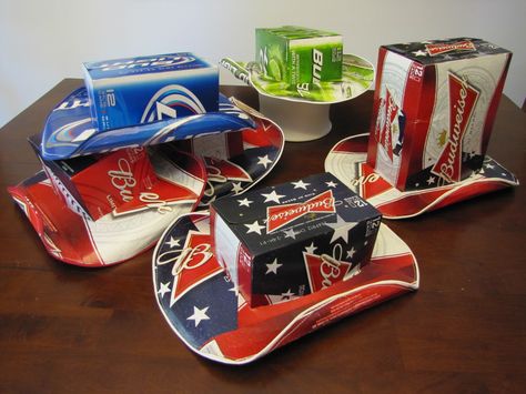 Beer Box Cowboy Hats - three beer can boxes and spray adhesive make up one hat, I added a finished touch by adding fabric edging and ran it through my sewing machine Upcycling, Humour, Beer Box Crafts, Beer Box Hat, Beer Crafts Diy, Trash Costume, Beer Can Hat, Trailer Trash Party, Hillbilly Party