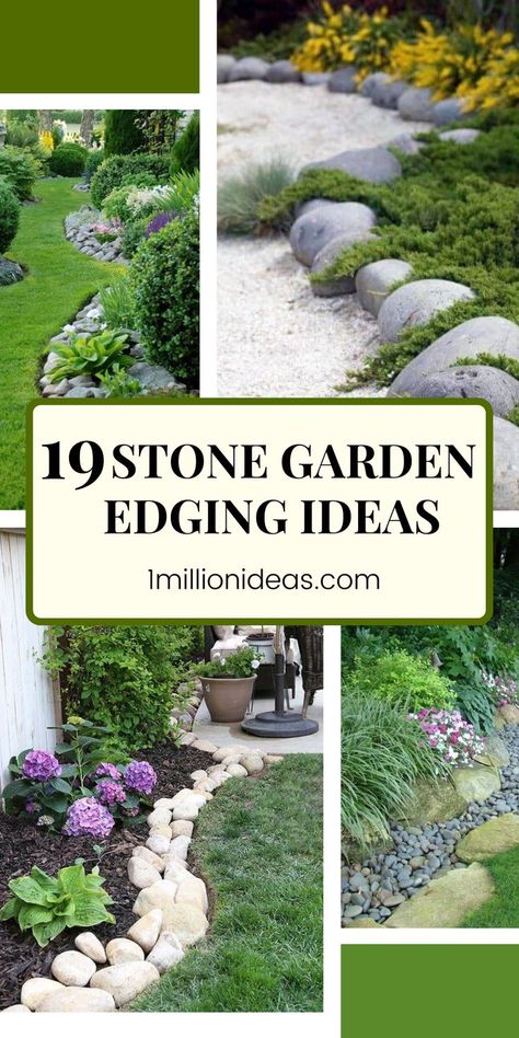 Backyard Garden Border, Garden With Rock Border, Garden Stone Edging Ideas, Garden Edging Rocks, Garden Border Rocks, Stone Edged Flower Beds, Natural Edging For Flower Beds, Using Rocks For Edging, Landscaping With Stones Edging