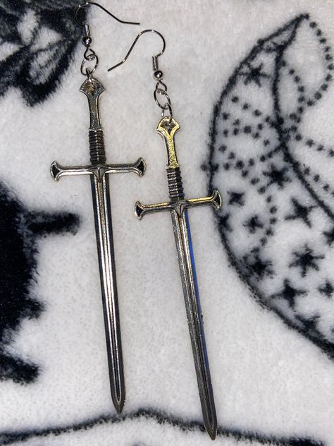 Long sword earrings Las Vegas, Earrings Aesthetic Dangle, Dnd Earrings, Dagger Jewelry, Water Genasi, Fantasy Earrings, Dagger Earrings, Buy Stuff, Earrings Aesthetic