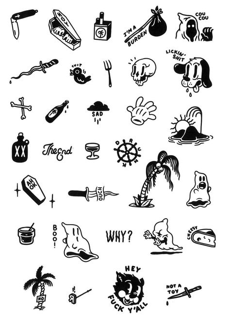 Small Doodle Tattoos For Women, Finger Tattoos Dainty, Simple Tattoo Designs Men, Small Trippy Tattoo Designs, Men’s Patchwork Tattoos, Small Cool Tattoos For Guys, Vintage Cartoon Tattoo, Grunge Tatoos, Long Tattoos