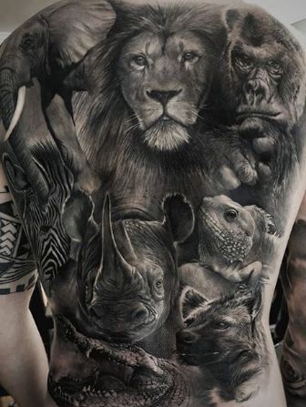 Jungle Back Tattoo Men, Safari Back Piece Tattoo, Wildlife Back Tattoo, Animal Collage Tattoo, Jungle Back Tattoo, Animal Kingdom Tattoo, Animal Back Tattoo, Jungle Tattoos, Tattoo Espalda