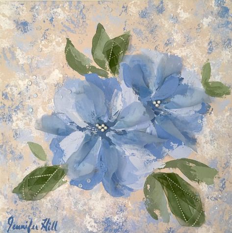 Blue And White Flowers Painting, Periwinkle Flower Painting, Blue And White Art Aesthetic, Easy Paintings With Blue Background, Blue Flower Room Aesthetic, Paint Blue Aesthetic, Square Flower Painting, Light Blue Aesthetic Painting, Blue Vintage Painting