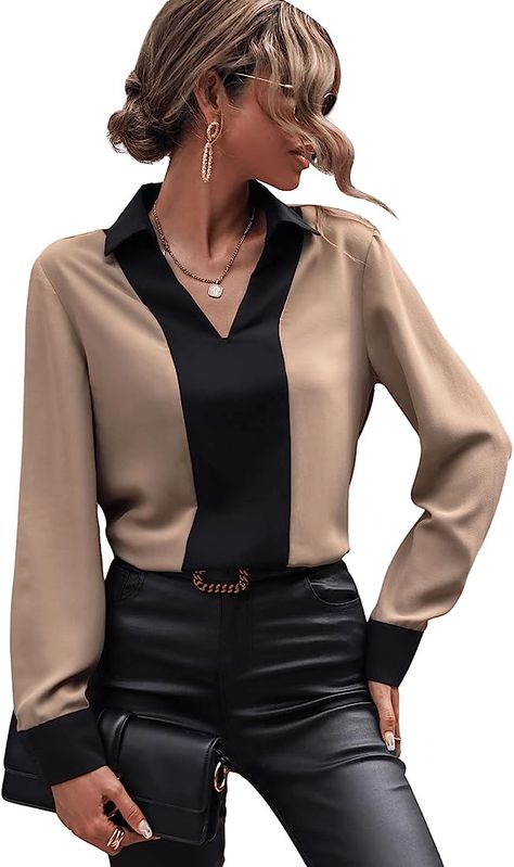 OYOANGLE Women's Bishop Long Sleeve Notched V Neck Blouse Work Office Tops Shirt Khaki and Black S at Amazon Women’s Clothing store Formal Blouses For Women, Womens Dressy Blouses, Casual Blouses, Ootd Ideas, Dressy Blouse, Casual Work Outfit, Business Formal, Elegant Blouses, Elegant Shirt