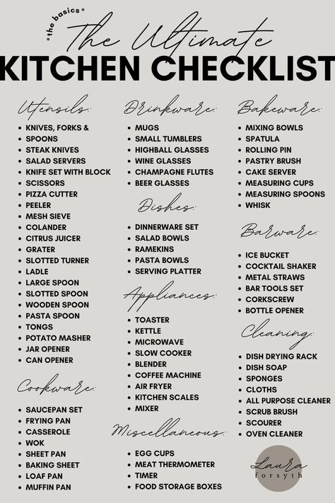 Kitting out a brand new kitchen? There are so many foundational pieces you need in your arsenal – and we’ve listed them all in this handy post! #kitchenchecklist #listofkitchenessentialsfornewhome Kitchen List For New Home, 70 Kitchen, Kitchen Essentials Checklist, Kitchen Utensils List, Move In Checklist, Ikea Kitchen Organization, Minimalist Kitchen Essentials, Kitchen Checklist, Kitchen Essentials List