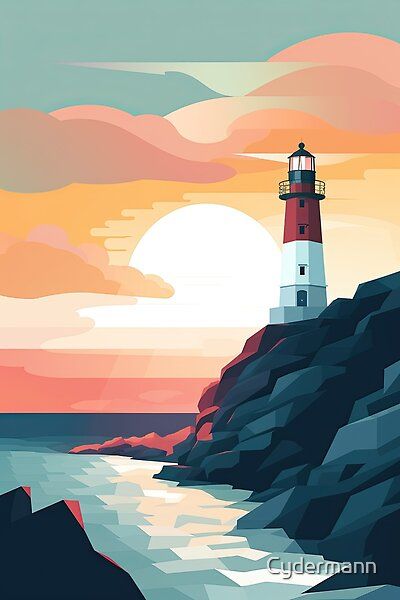Lighthouse Painting Aesthetic, Croquis, Vector Landscape Art, Easy Lighthouse Painting, Landscape Illustration Simple, Lighthouse Drawing Simple, Lighthouse Drawing Sketch, Lighthouse Painting Easy, Light House Drawing